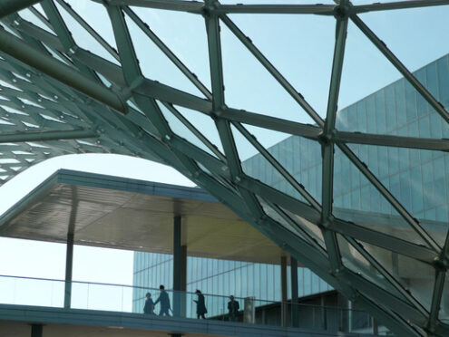 People from above. Group of business people at the Milan fair. Modern architecture in glass and steel. - MyVideoimage.com | Foto stock & Video footage