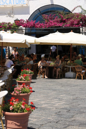 People sitting at an outdoor bar under an umbrella. Row of pots - MyVideoimage.com