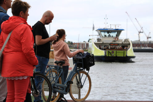 People with bicycles waiting for the ferry. - MyVideoimage.com