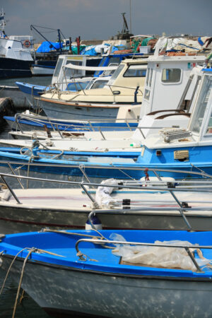 Pesca a Procida. Fishing boats moored at the harbor. Fishing is still an importan - MyVideoimage.com | Foto stock & Video footage