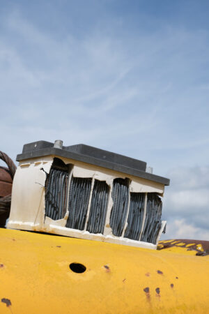 Pollution. Environmental pollution with an old broken battery. Stock photos. - MyVideoimage.com | Foto stock & Video footage