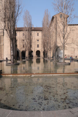 Poplar trees in a tub of water. In the background the Palazzo della Pilotta in Parma. - MyVideoimage.com