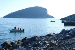 Porto Venere boats. Boats in the sea between the island of Palmaria and Tino. - MyVideoimage.com | Foto stock & Video footage