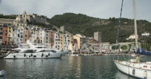 Portovenere houses footage. Panorama of Portovenere near the Cinque Terre with typical colorful houses.  Video footage italian cities.