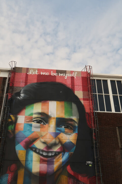 Portrait of Anne Frank in a mural in Amsterdam. A large painting - MyVideoimage.com