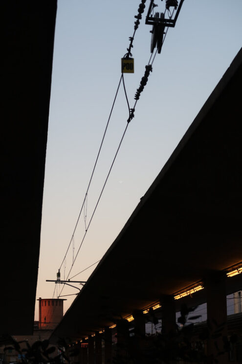 Power line with overhead cable at Florence Santa Maria Novella railway station. - MyVideoimage.com