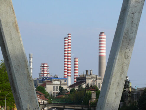 Power plant in the province of Milan. In the foreground flyover pylons. - MyVideoimage.com