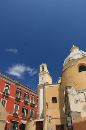 Procida island. Church with bell tower and buildings in the square on the Island - MyVideoimage.com | Foto stock & Video footage