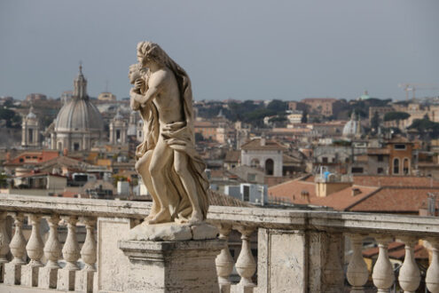 Quirinale Roma. Terrazza con scultura. Terrace with sculpture and panorama of Rome. Palazzo del Quirinale, residence of the President of the Italian Republic. - MyVideoimage.com | Foto stock & Video footage