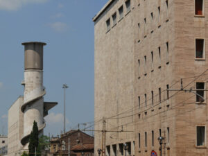 Rationalist architecture of the Rome Termini station. Tower with water tank and spiral staircase. - MyVideoimage.com