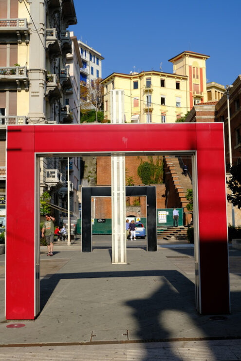 Red portals in La Spezia. Colorful portals in the city. Stock photos. - MyVideoimage.com | Foto stock & Video footage