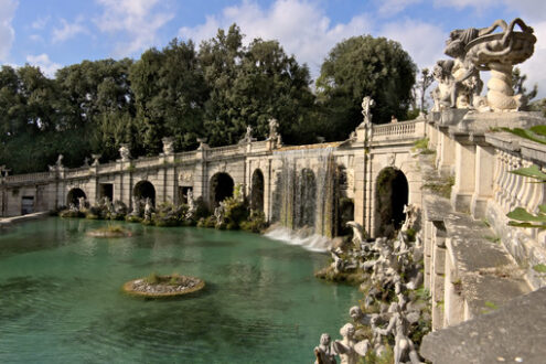 Reggia di Caserta, Italy. Fountain with water fall. Decorations with marble sculptures. Foto reggia di Caserta. Caserta royal palace photo