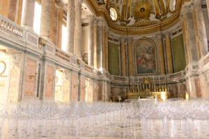 Reggia di Caserta, Italy. Interior of the chapel inside the palace. Contemporary plexiglass chairs. Foto reggia di Caserta. Caserta royal palace photo