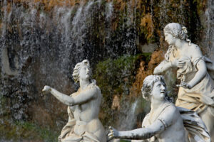 Reggia di Caserta, Italy. 10/27/2018. White marble sculptures under water cascade - MyVideoimage.com