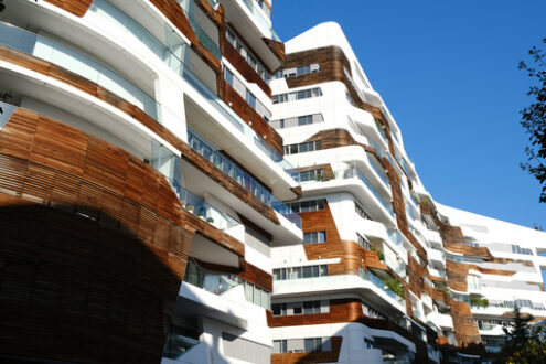 Residential complex in Milan. CityLife Milan Residential Complex. Palaces designed by Zaha Hadid and surrounded by green gardens. - MyVideoimage.com | Foto stock & Video footage