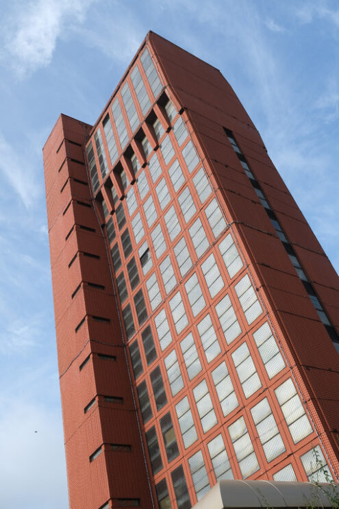 Rete di protezione. Skyscraper covered with safety net. Foto stock royalty free. - MyVideoimage.com | Foto stock & Video footage