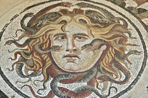 Ritratto di Medusa. Mosaic with the head of Medusa at the National Roman Museum. - MyVideoimage.com | Foto stock & Video footage