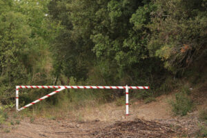 Road blocked. Access to the forest with trees with green leaves. - MyVideoimage.com