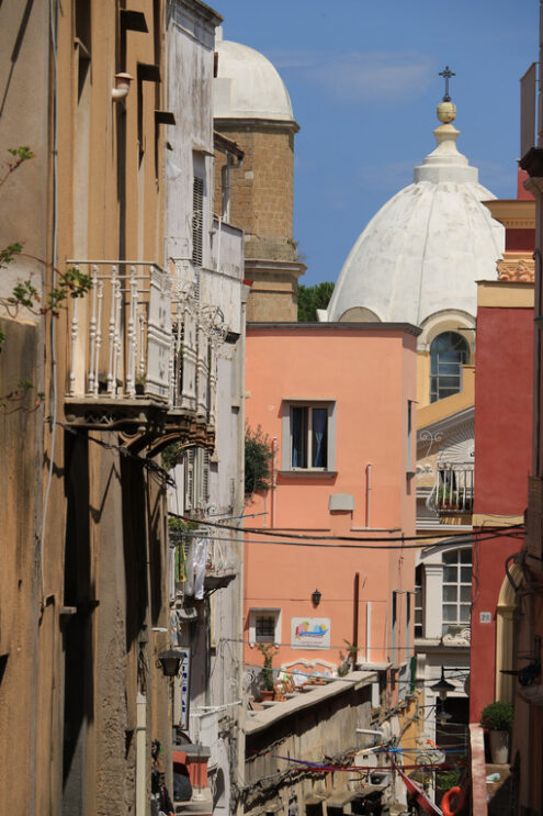 Road on the island. Road on the Island of Procida. In the background the dome of the church. - MyVideoimage.com | Foto stock & Video footage