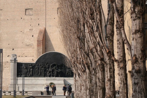 Row of poplar trees in Piazza della Pace in Parma, background with monument to Giuseppe Verdi. - MyVideoimage.com