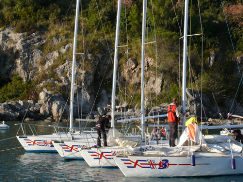 Sailboats school. Sea school sailboats anchored in the port of Santa Teresa in La Spezia. - MyVideoimage.com | Foto stock & Video footage