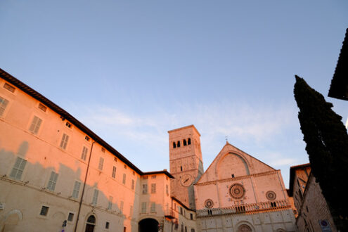 San Rufino Assisi. Cathedral of San Rufino in Assisi, facade made of stone with an ogival arch on the triangular tympanum. Photographed at sunset with rosy light. - MyVideoimage.com | Foto stock & Video footage