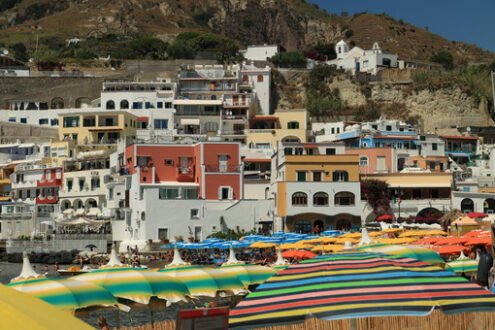 Sandy beach, sea and Sant’Angelo d’Ischia bay, near Naples. Foto Ischia photos.