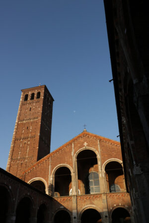 Sant’Ambrogio Milano. Detail of the facade of the church of Sant’Ambrogio in Milan built with red bricks. - MyVideoimage.com | Foto stock & Video footage