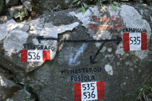 Segnaletica sentieri CAI formata da un fondo rosso e bianco con i numeri in colore nero. Cinque Terre. - MyVideoimage.com | Foto stock & Video footage