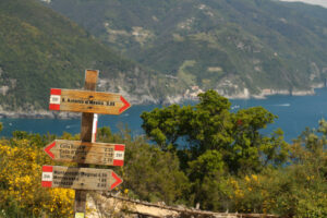 Sentieri del CAI. Warning signs on the paths of the Cinque Terre, Wooden arrows on a pole made by CAI, the Italian Alpine Club. - MyVideoimage.com | Foto stock & Video footage