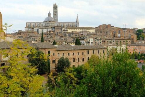 Siena, panorama of the ancient Tuscan city. View of the town with its main monuments: the Cathedral, the Torre del Mangia. - MyVideoimage.com | Foto stock & Video footage