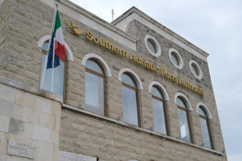 Sign on the building of the South Adriatic Port Authority in Bari. - MyVideoimage.com