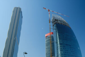 Skyscrapers in Milan Citylife. Three Citylife towers designed by Isozaki, Hadid and Libeskind. Milan.CityLife includes three skyscrapers and  areas with tree and green gardens. - MyVideoimage.com | Foto stock & Video footage