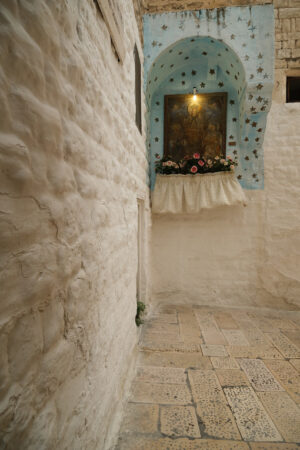 Small altar with flowers and painting with Madonna in an alleyway in Bari. The wind blows and moves a cloth. - MyVideoimage.com