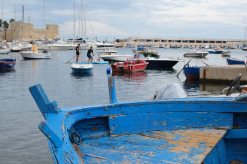 Small fishing boats in the port of Bari.At the market near the port the fishermen sell the fish caught. - MyVideoimage.com