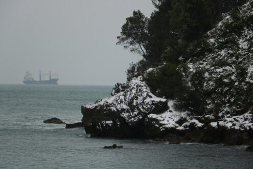 Snow at the sea. Snow fell on the rocky coast of Liguria near the Cinque Terre. In the background a cargo ship. - MyVideoimage.com | Foto stock & Video footage