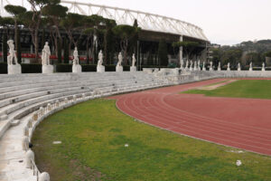 Stadio Olimpico Roma e stadio dei Marmi. Olympic stadium and marble stadium. White Carrara marble sculptures of the Italian forum in Rome. - MyVideoimage.com | Foto stock & Video footage