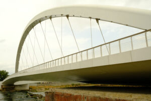 Stayed bridge. Cable-stayed bridge with steel arch. Stock photos. - MyVideoimage.com | Foto stock & Video footage