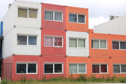 Temporary housing in steel containers. Overlapping containers wi - MyVideoimage.com