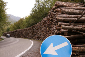 Timber wall stacked along a road where a car passes. - MyVideoimage.com