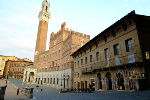 Torre del Mangia and town hall. The building and the Piazza del Campo di Siena are built with Tuscan terracotta bricks. - MyVideoimage.com | Foto stock & Video footage