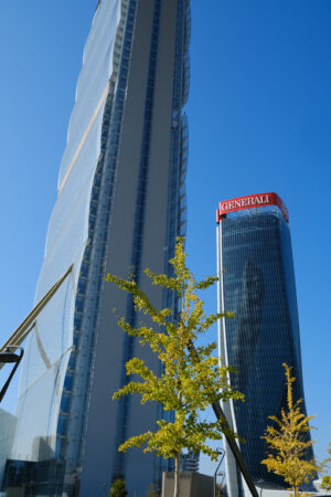 Tre Torri Milano. Three Citylife towers designed by Isozaki, Hadid and Libeskind. Milan.CityLife includes three skyscrapers and  areas with tree and green gardens. - MyVideoimage.com | Foto stock & Video footage