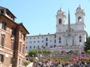 Trinità dei Monti with staircase and gardens with flowers in spring. - MyVideoimage.com