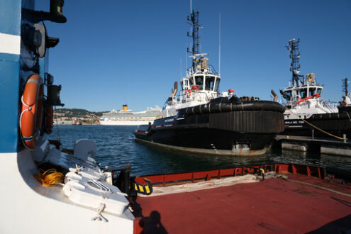 Tugboat anchored at the port of La Spezia. - MyVideoimage.com