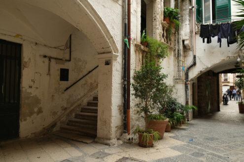 Typical Mediterranean house in an alleyway in the city of Bari. Facade painted white and climbing green plants. Foto Bari photo.