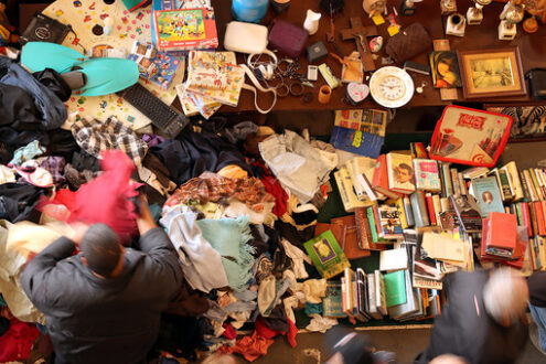 Used clothes and books at the Mercat Dell Encants in Barcelona. - MyVideoimage.com