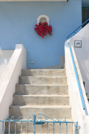 Vase of red flowers. Vase of red flowers on Mediterranean house facade. Staircase wit - MyVideoimage.com | Foto stock & Video footage