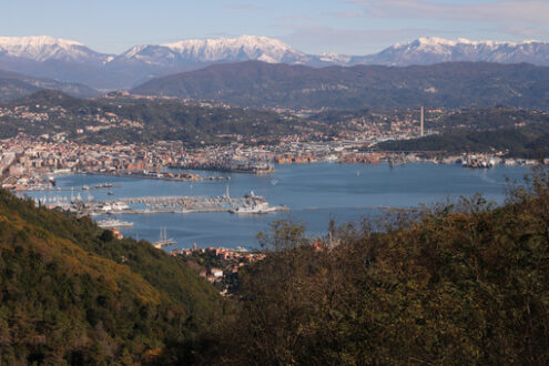 Veduta di La Spezia. Vista panoramica. Una nave da crociera e numerose barche a vela nel porto commerciale. - MyVideoimage.com | Foto stock & Video footage