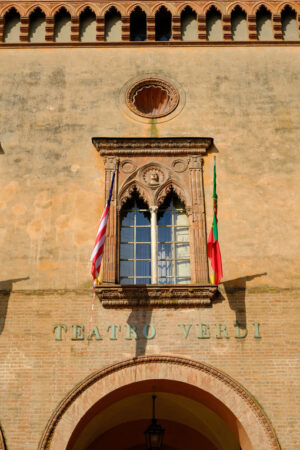 Verdi theater in Busseto. Facade of the Giuseppe Verdi theater in Busseto. Stock photos. - MyVideoimage.com | Foto stock & Video footage