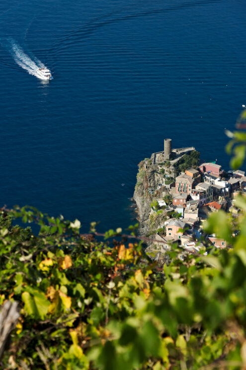 Vernazza, a village and vineyard in the Cinque Terre. Panorama of the village of Vernazza and of the vineyards of the Shiacchetrà vineyard in Liguria. - LEphotoart.com